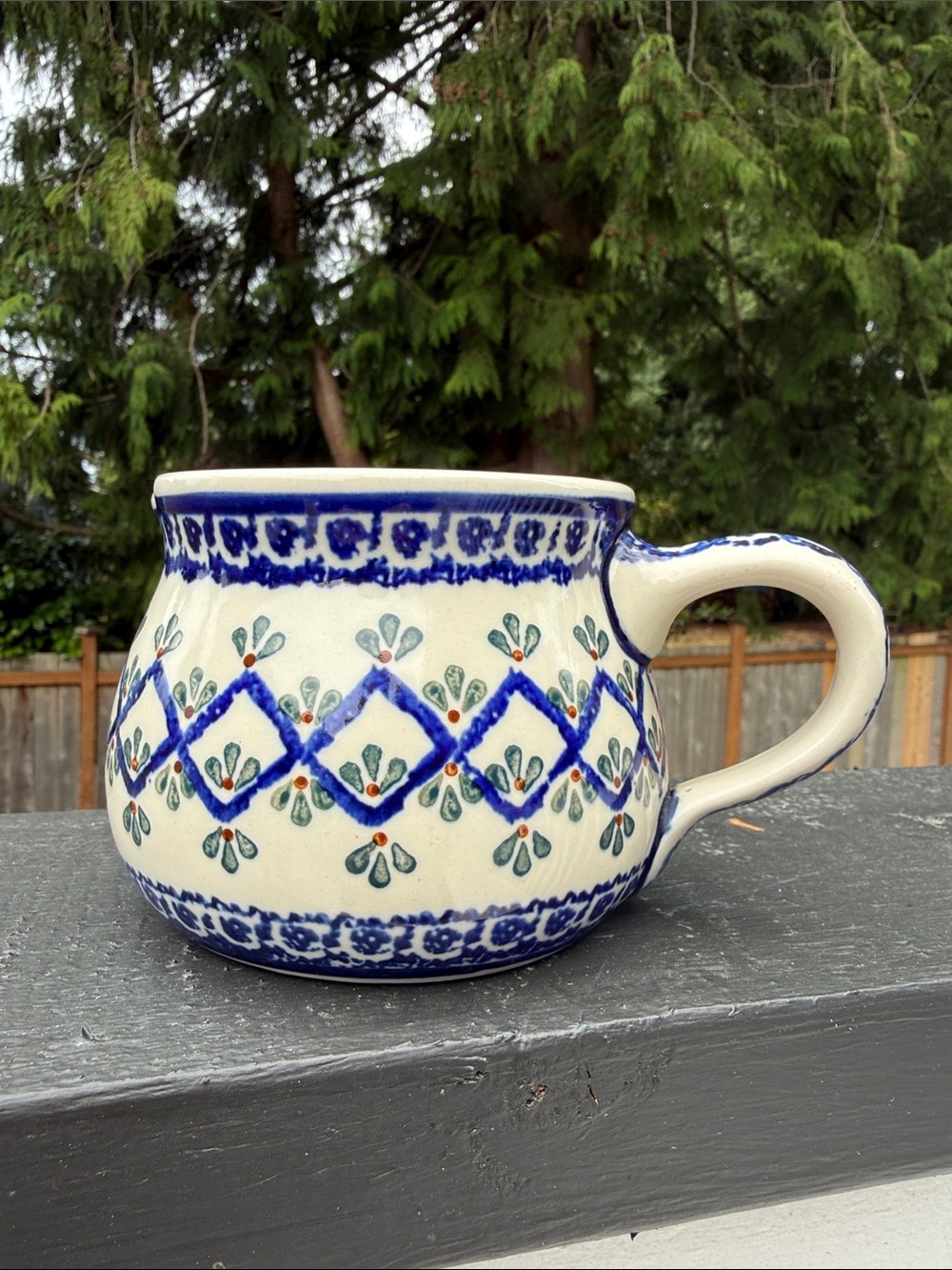 Polish Pottery Hand-Painted Blue and Cream Ceramic Large Mug